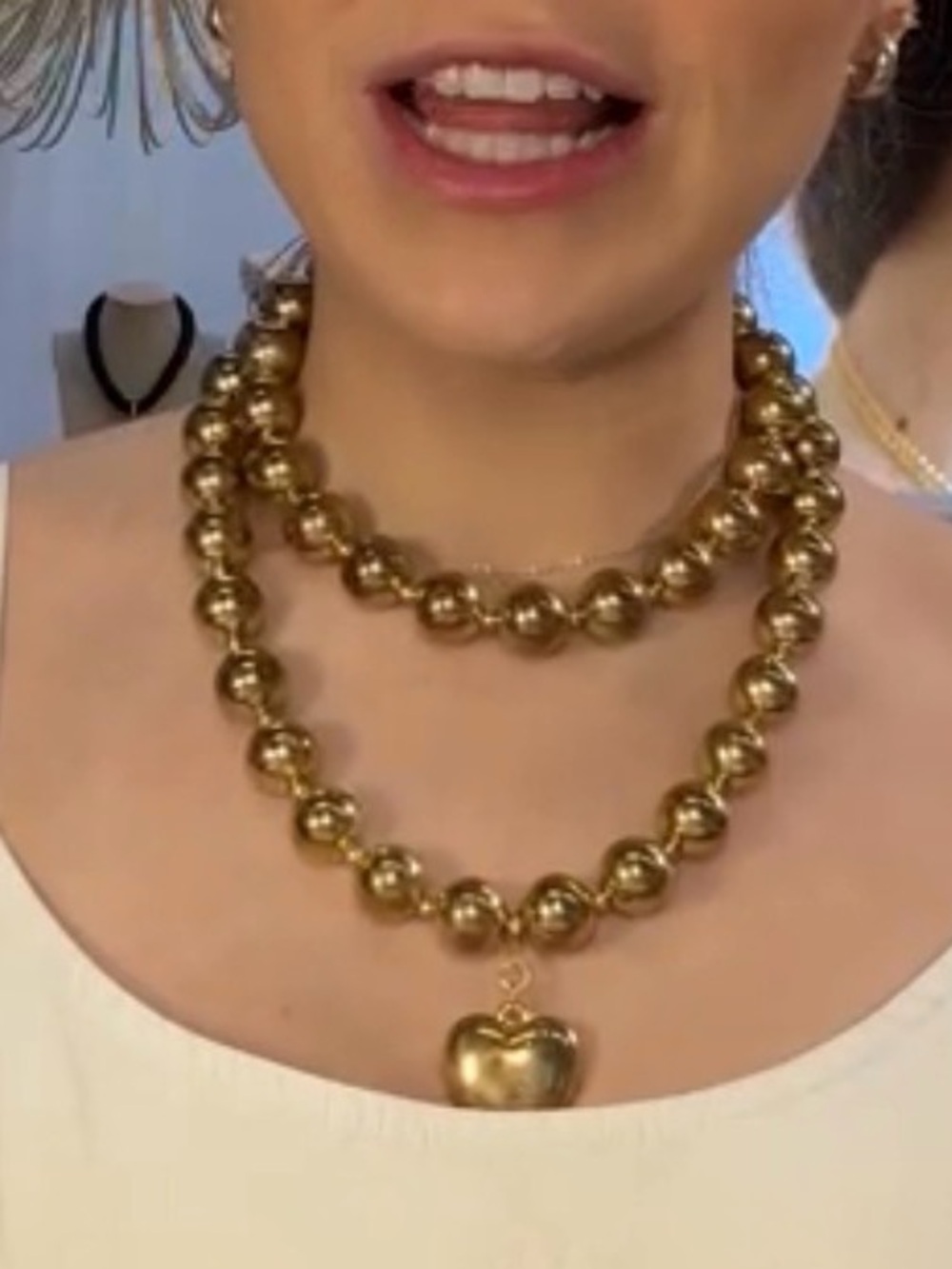 Double-Row Gold Beaded Necklace with Heart Pendant - Picture 2 of 2
